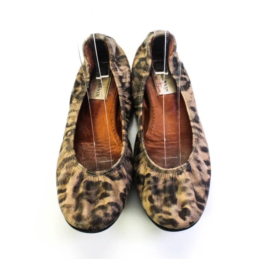 Lanvin Womens Leopard Print Round Toe Leather Ballet Flats Brown Size 7